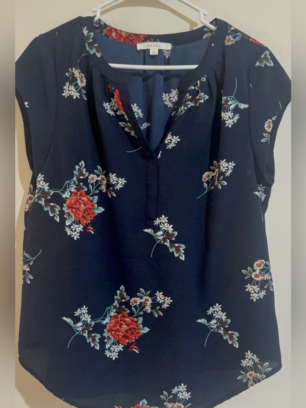 fun 2 fun Navy Blue Floral Split V-Neck Blouse